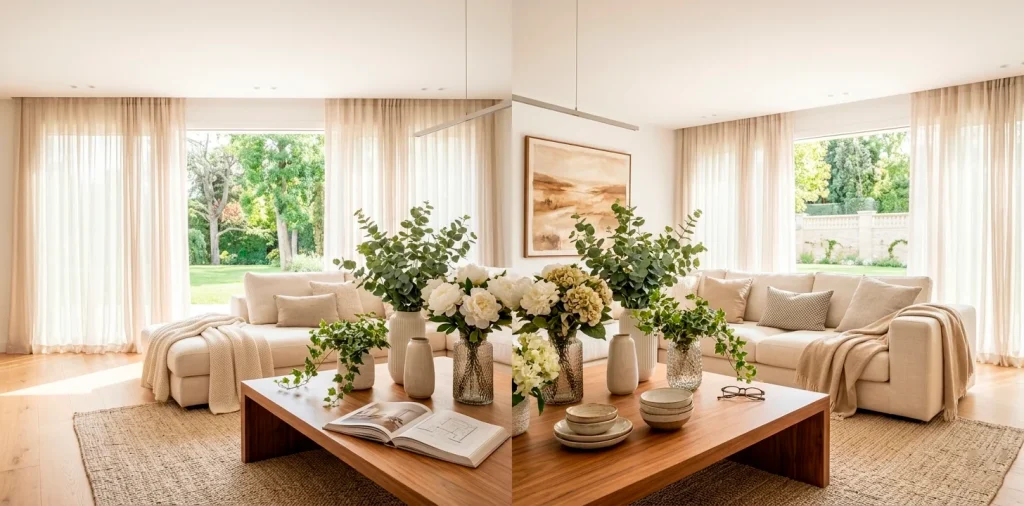 Beautiful faux floral arrangements on a wooden coffee table in a bright, modern living room banner.