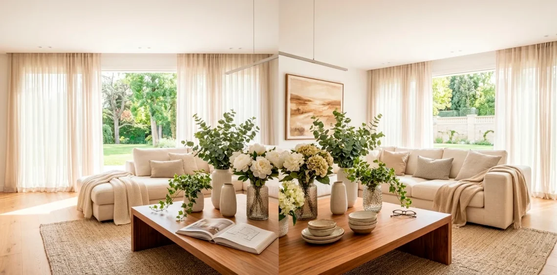 Beautiful faux floral arrangements on a wooden coffee table in a bright, modern living room banner.