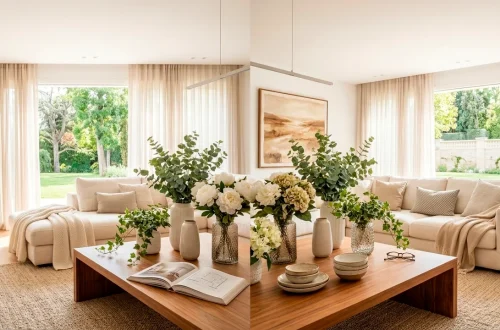 Beautiful faux floral arrangements on a wooden coffee table in a bright, modern living room banner.
