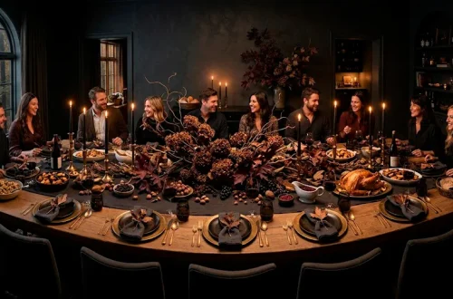 Moody Thanksgiving dining table with a foraged centerpiece of dark dried florals and tall black taper candles.