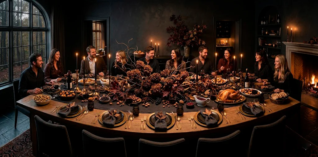 Moody Thanksgiving dining table with a foraged centerpiece of dark dried florals and tall black taper candles.