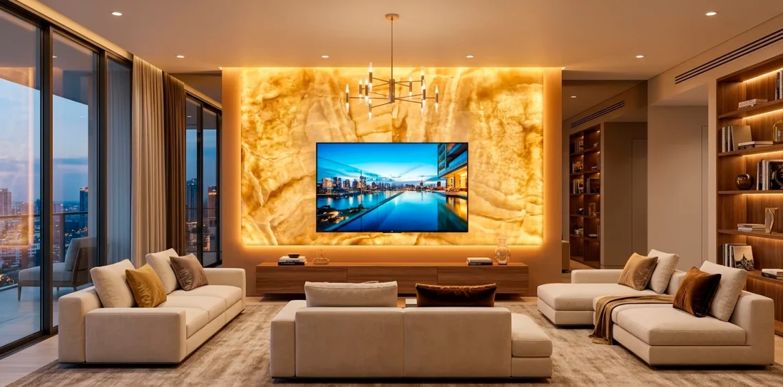 Luxurious living room featuring a glowing backlit golden onyx exotic stone TV wall and a sleek minimalist media console.