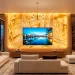 Luxurious living room featuring a glowing backlit golden onyx exotic stone TV wall and a sleek minimalist media console.