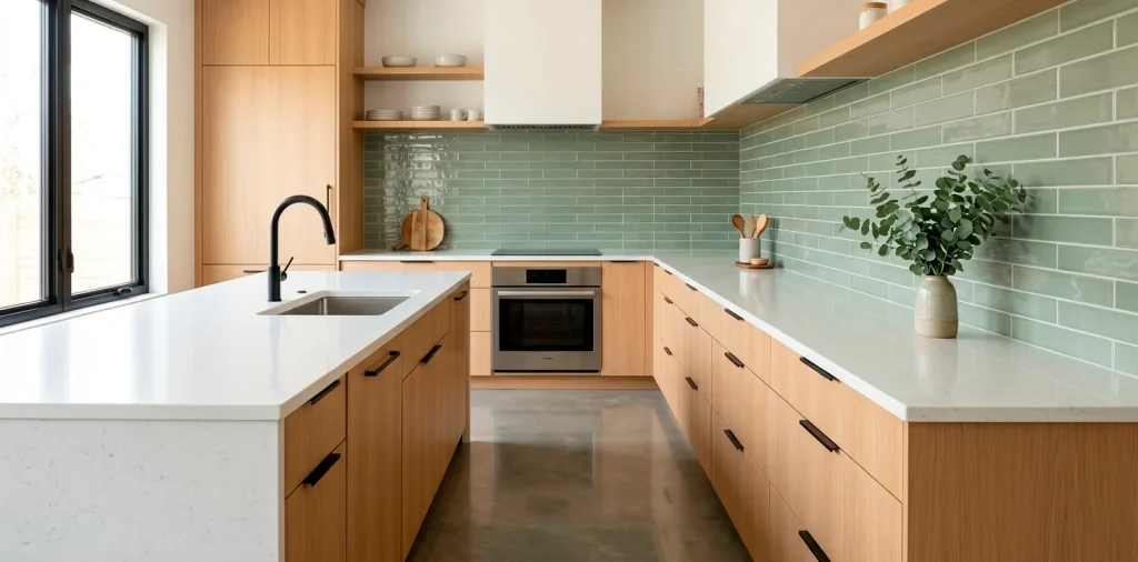 Modern upscale kitchen featuring a glossy sage green tile backsplash and minimalist light oak cabinets.