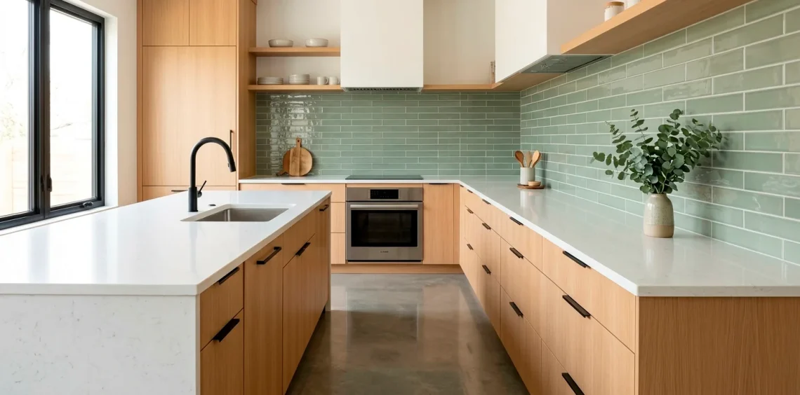 Modern upscale kitchen featuring a glossy sage green tile backsplash and minimalist light oak cabinets.