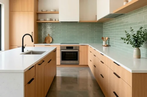 Modern upscale kitchen featuring a glossy sage green tile backsplash and minimalist light oak cabinets.