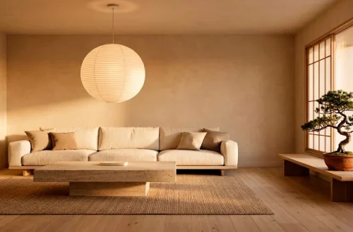Wide view of a serene Japandi living room featuring a low-profile linen sofa, stone table, and oversized paper lantern.