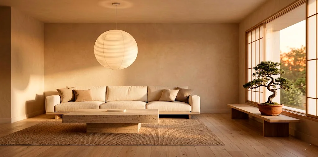 Wide view of a serene Japandi living room featuring a low-profile linen sofa, stone table, and oversized paper lantern.