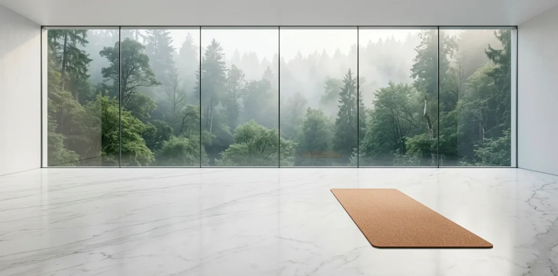 Luxury yoga studio interior with white marble flooring and large windows overlooking a forest.