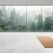 Luxury yoga studio interior with white marble flooring and large windows overlooking a forest.