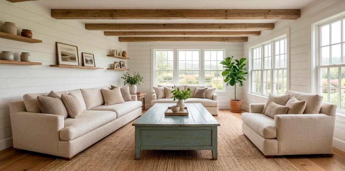Wide landscape of a farmhouse living room with distressed duck egg blue furniture and cream accents.