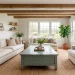 Wide landscape of a farmhouse living room with distressed duck egg blue furniture and cream accents.