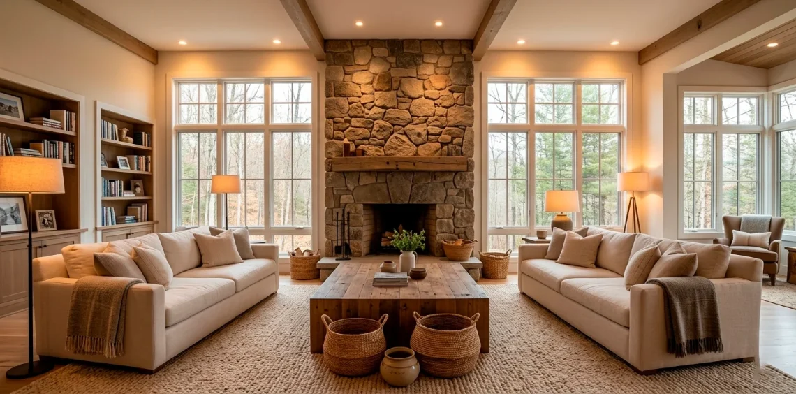 Cozy modern living room layout with two cream sofas facing a beautiful central stone fireplace