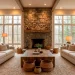 Cozy modern living room layout with two cream sofas facing a beautiful central stone fireplace