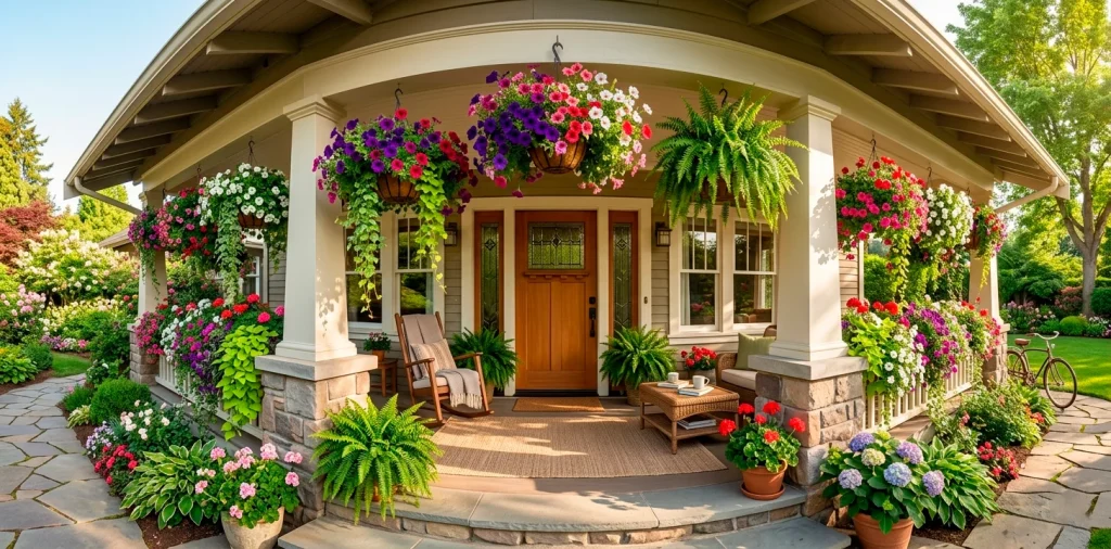 Lush hanging flower baskets decorating a charming front porch in sunny morning light.