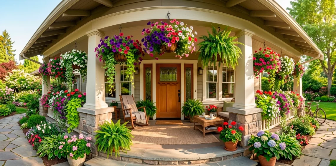 Lush hanging flower baskets decorating a charming front porch in sunny morning light.