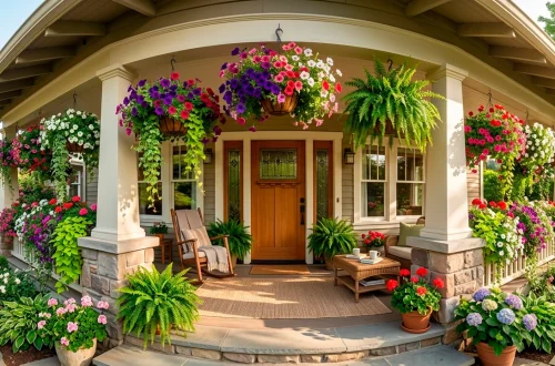 Lush hanging flower baskets decorating a charming front porch in sunny morning light.