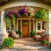 Lush hanging flower baskets decorating a charming front porch in sunny morning light.