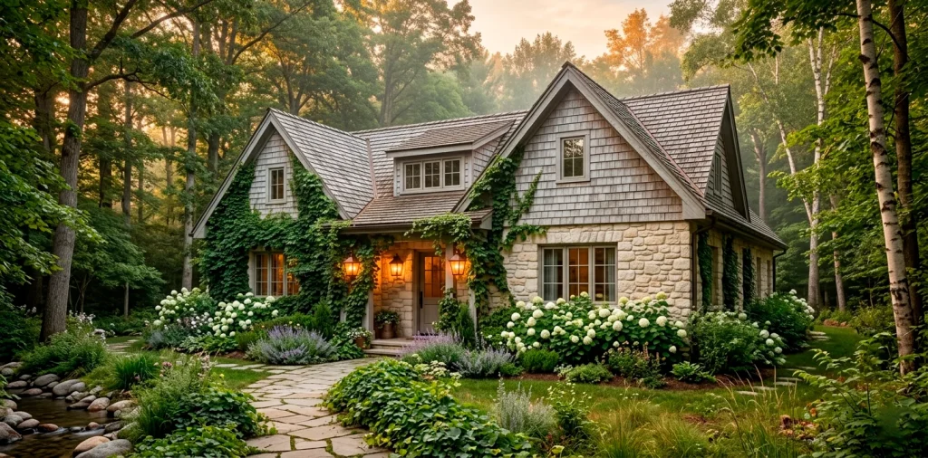 Beautiful rustic cottage exterior featuring soft tumbled stone foundation and weathered cedar shingles