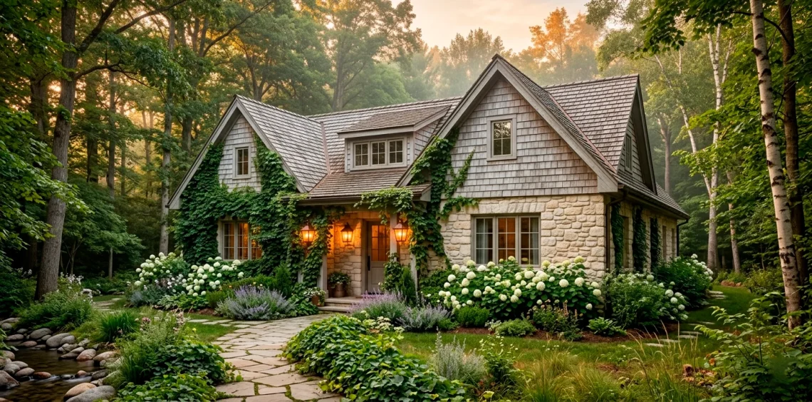 Beautiful rustic cottage exterior featuring soft tumbled stone foundation and weathered cedar shingles
