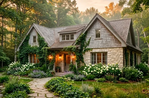 Beautiful rustic cottage exterior featuring soft tumbled stone foundation and weathered cedar shingles