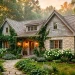 Beautiful rustic cottage exterior featuring soft tumbled stone foundation and weathered cedar shingles