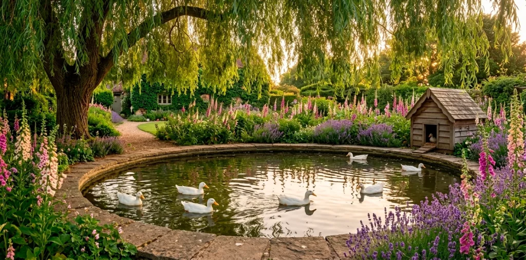 Whimsical cottagecore backyard featuring a scenic duck pond with wildflowers and a rustic duck house.