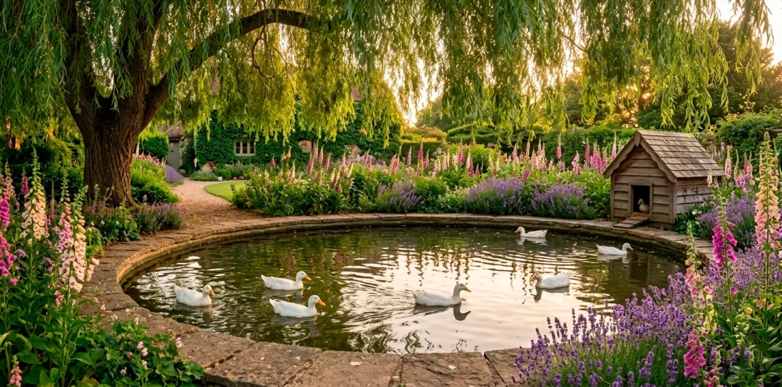 Whimsical cottagecore backyard featuring a scenic duck pond with wildflowers and a rustic duck house.