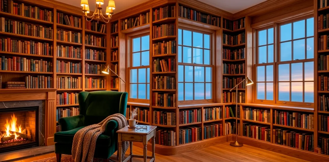 Wide panoramic view of a cozy hygge home library with emerald armchair, fireplace, and oak bookshelves at sunset.