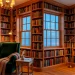 Wide panoramic view of a cozy hygge home library with emerald armchair, fireplace, and oak bookshelves at sunset.