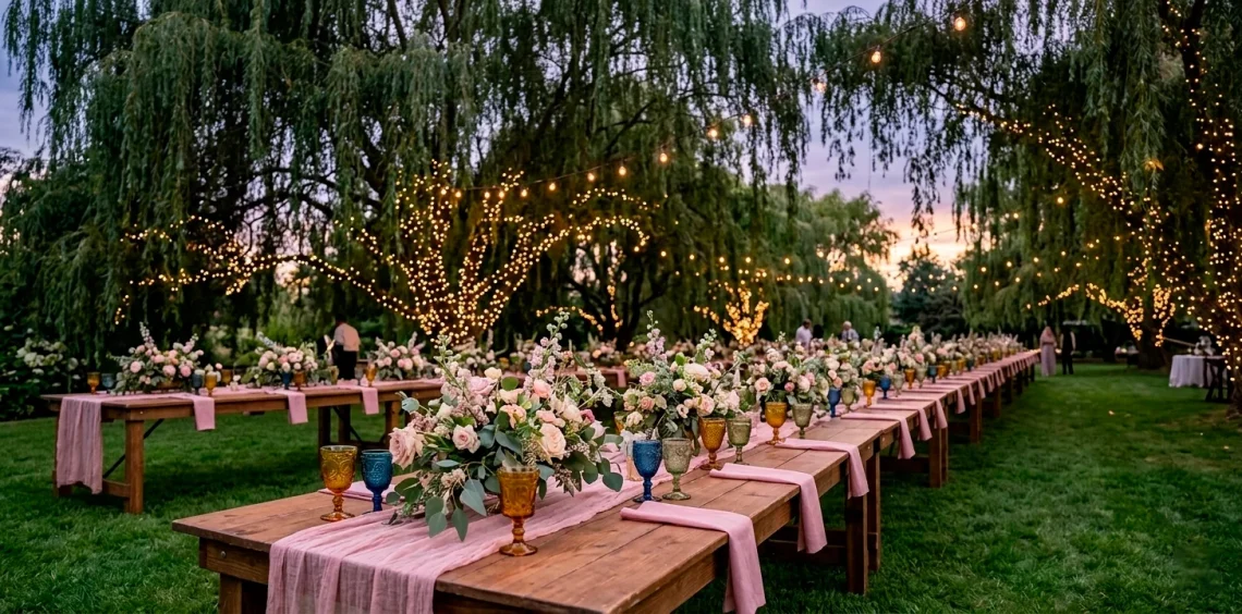 Wide horizontal banner of an ethereal garden wedding reception table under a canopy of twilight fairy lights.