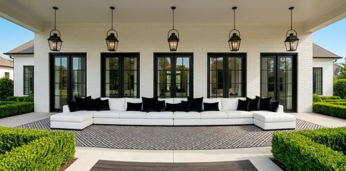Wide horizontal view of a modern high-contrast black and white back porch with luxury furniture and decor.