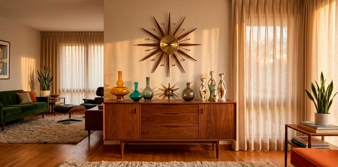 Wide landscape of a mid-century modern interior featuring authentic vintage ornaments and starburst decor.
