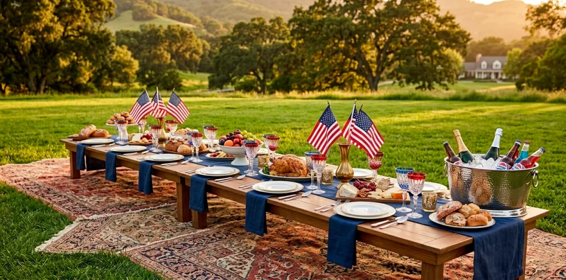 A luxurious patriotic picnic setup with navy linens and vintage flags on a green lawn at sunset.