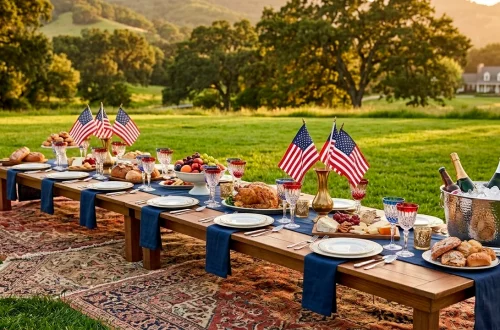 A luxurious patriotic picnic setup with navy linens and vintage flags on a green lawn at sunset.