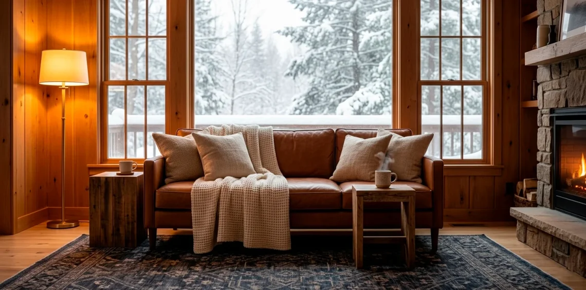 A cozy winter lounge featuring a cognac leather sofa layered with cream flax linen throws and pillows.