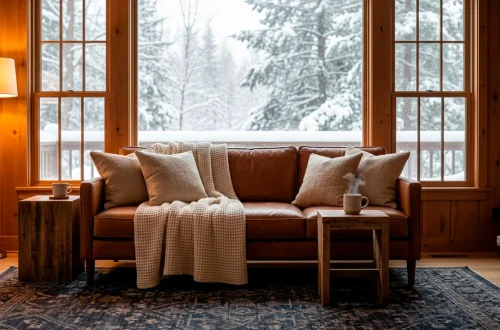 A cozy winter lounge featuring a cognac leather sofa layered with cream flax linen throws and pillows.