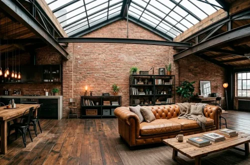 Wide view of an industrial attic apartment featuring exposed brick walls, metal beams, and a vintage leather sofa.