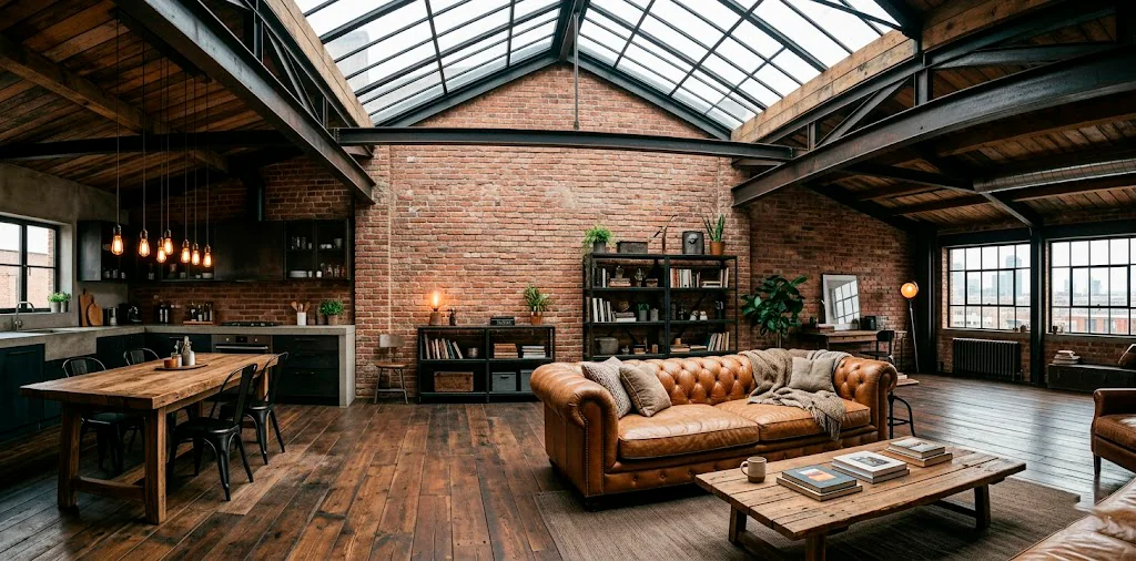 Wide view of an industrial attic apartment featuring exposed brick walls, metal beams, and a vintage leather sofa.