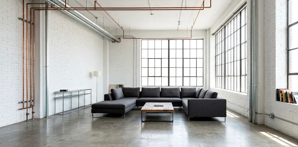 Wide industrial minimalist loft with copper and silver exposed pipes and white brick walls.