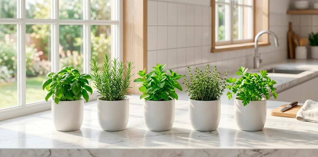 Five fresh minimalist herbs in sleek matte white ceramic pots on a modern marble kitchen counter bathed in natural sunlight.