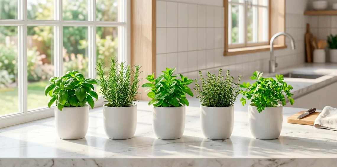 Five fresh minimalist herbs in sleek matte white ceramic pots on a modern marble kitchen counter bathed in natural sunlight.