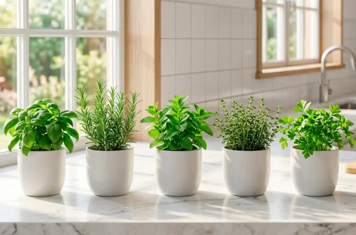 Five fresh minimalist herbs in sleek matte white ceramic pots on a modern marble kitchen counter bathed in natural sunlight.