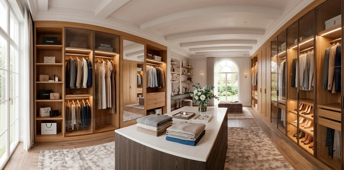 Luxurious modern walk-in dressing room closet with wood cabinetry and central island