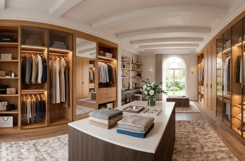 Luxurious modern walk-in dressing room closet with wood cabinetry and central island