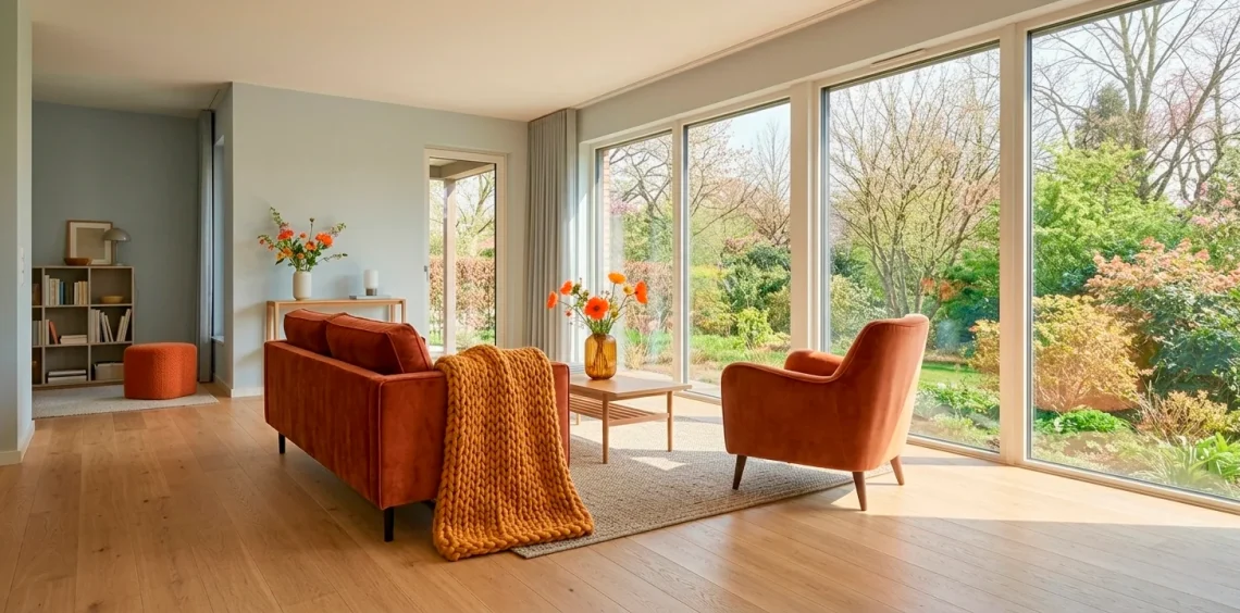 Wide shot of a modern spring living room with vibrant zesty orange accents and natural sunlight.