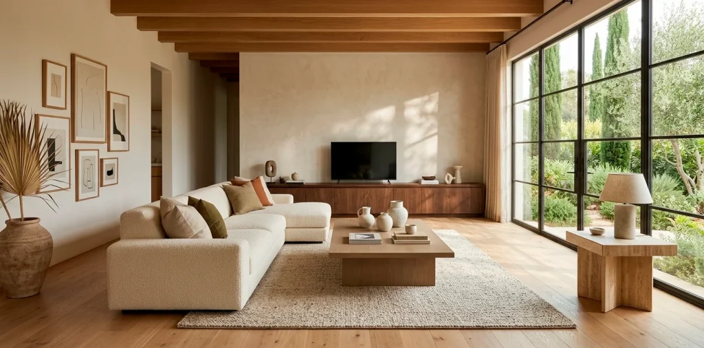 A wide organic modern living room featuring warm wood finishes, a cream bouclé sofa, and bright natural light.