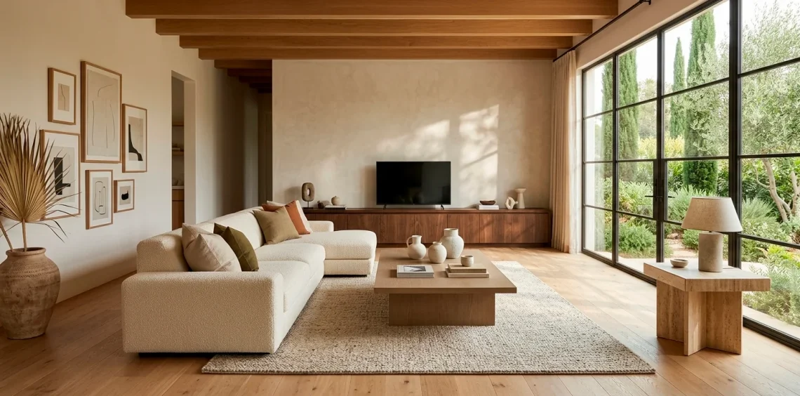 A wide organic modern living room featuring warm wood finishes, a cream bouclé sofa, and bright natural light.