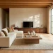 A wide organic modern living room featuring warm wood finishes, a cream bouclé sofa, and bright natural light.