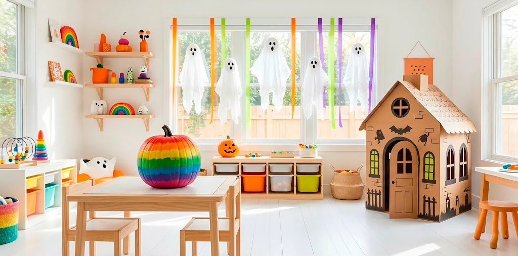 Bright and colorful DIY Halloween decorations in a modern sunlit kids playroom with rainbow pumpkins.